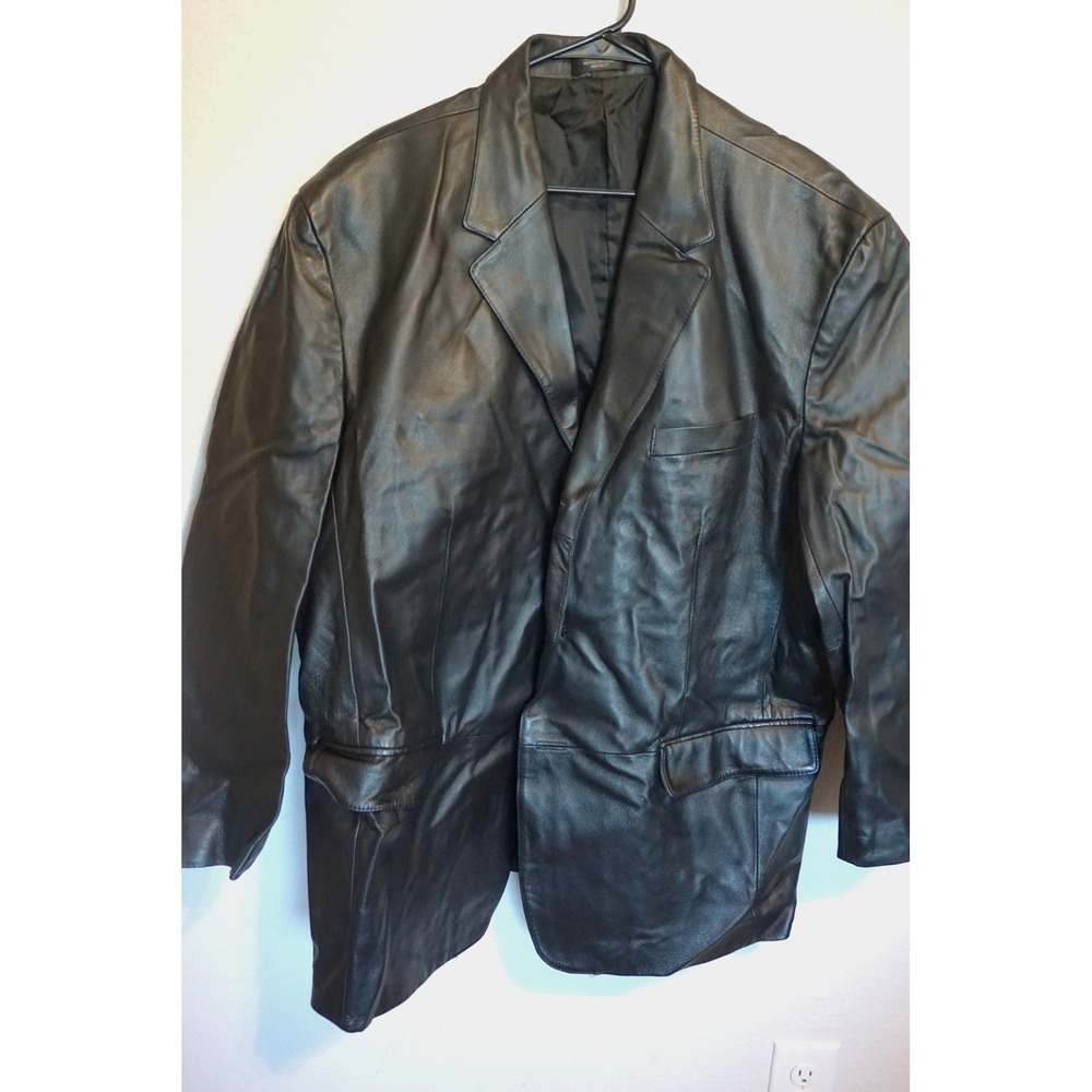 J. Ferrar‎ Mens Black Leather Blazer Jacket 3 Button XL RN 93677 Classic Coat